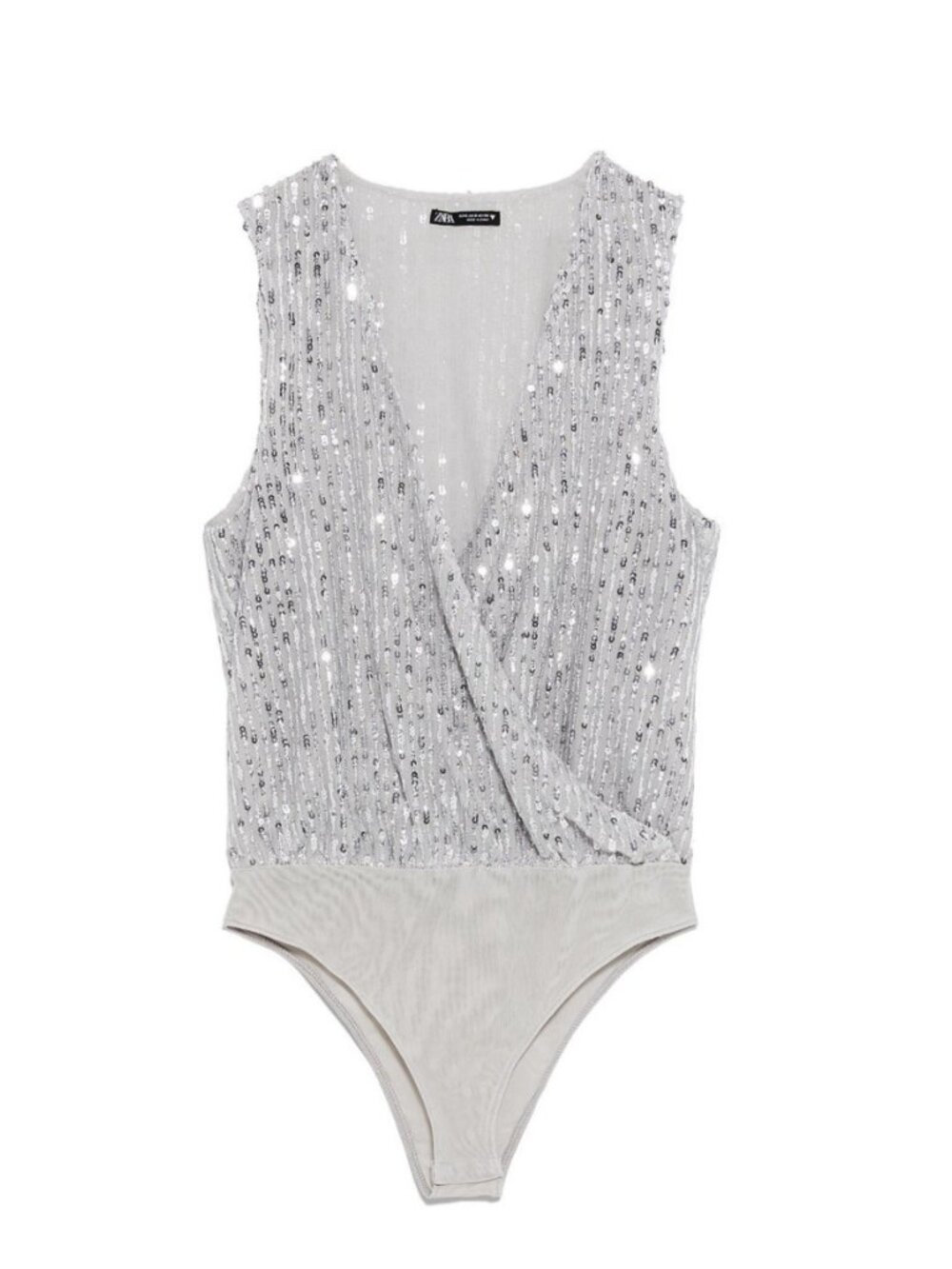 ZARA Silver Sequin Bodysuit Wrap V-Neckline Sleeveless Metallic Party Sze S NWOT